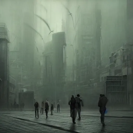 Image similar to hordes of drone-like people aimlessly walking around a depressing dystopian cityscape , trending on artststion, hyper realistic, surreal, melancholic, 8k, upscaled