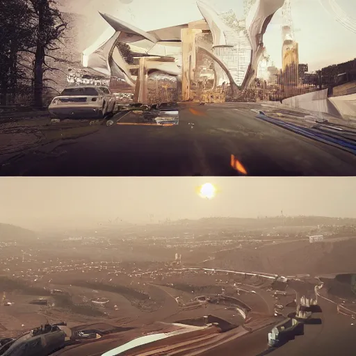 Image similar to car race: center composition, cars portraits, ground view, motherboard forms designed by zaha hadid, sci-fi futuristic ultra realistic photography, shot by Andrei Tarkovsky, keyshot render, octane render, unreal engine 5 lumen, high oiled liquid glossy specularity reflections, ultra detailed, golden hour, dramatic lighting 4k, 8k, 16k in the style ofblade runner 2049 Cyberpunk 2077 ghost in the shell thor 2 marvel film : tilt shift: sharp focus