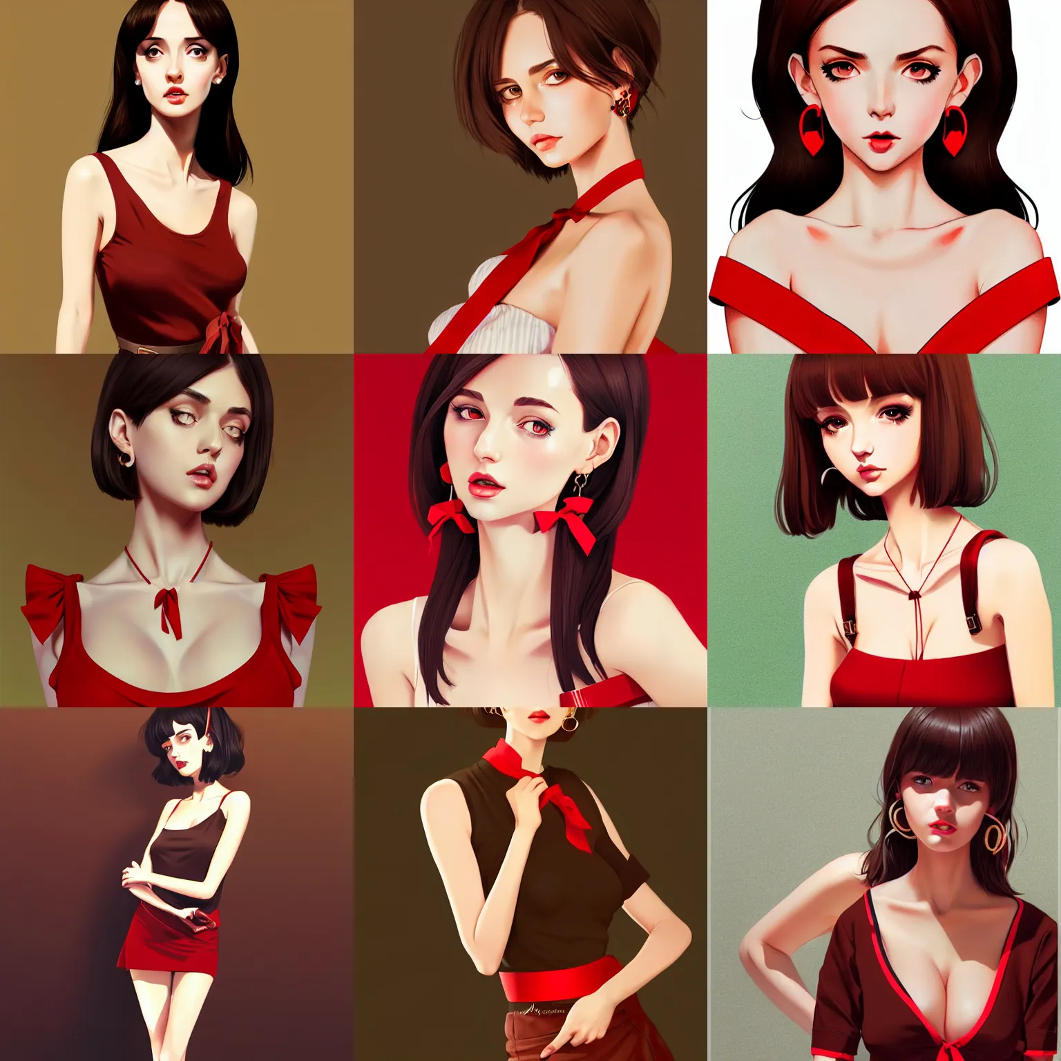 Prompt: sexy girl in a low cut blouse and short skirt, seductive pose, shoulder-length brown hair, red ribbon, cute earrings. highly detailed, digital painting, in the style of ilya kuvshinov, high definition digital art