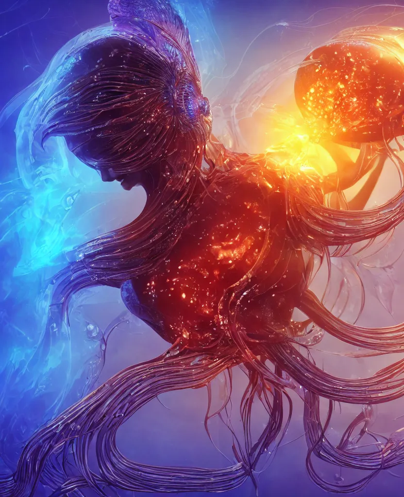 Image similar to close-up macro portrait of the face of a beautiful princess, epic angle and pose, symmetrical artwork, 3d with depth of field, blurred background, cybernetic jellyfish female face skull phoenix bird, translucent, nautilus, energy flows of water and fire. a highly detailed epic cinematic concept art CG render. made in Maya, Blender and Photoshop, octane render, excellent composition, cinematic dystopian brutalist atmosphere, dynamic dramatic cinematic lighting, aesthetic, very inspirational, arthouse. y Greg Rutkowski, Ilya Kuvshinov, WLOP, Stanley Artgerm Lau, Ruan Jia and Fenghua Zhong