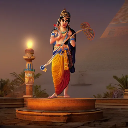 Image similar to Lord Krishna standing proud on top of a dais in an Egyptian village by night, DnD character, unreal engine, octane render, dramatic lighting, digital art, by Stanley Artgerm Lau, greg rutkowski, thomas kindkade, alphonse mucha, loish, norman Rockwell