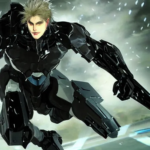 Prompt: monsoon from the metal gear rising video game, looking at memes on a computer in a bedroom