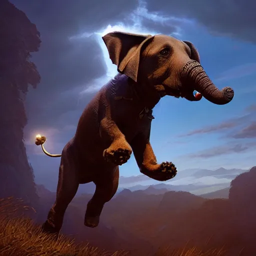 Prompt: dog jumps over hill, dog looks like elephant!!, intricate, epic lighting, cinematic composition, hyper realistic, 8 k resolution, unreal engine 5, by artgerm, tooth wu, dan mumford, beeple, wlop, rossdraws, james jean, marc simonetti, artstation