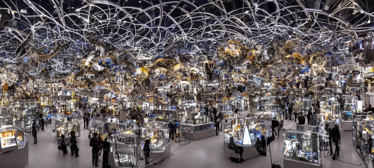 Image similar to A wide view into a showcase full of thousands of tiny mechanical futuristic gadgets, illuminated from top with spolights in a huge room of a futuristic museum