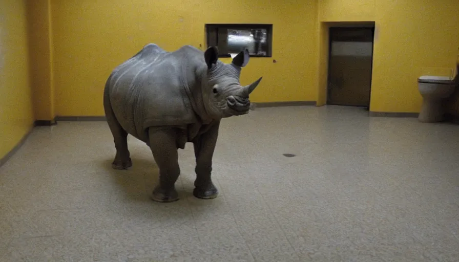 Image similar to a rhinoceros in a public bathroom with yellow tiles floor, mini dv camera found footage, very very low quality, heavy grain, heavy jpeg artifact blurry, caught on trail cam