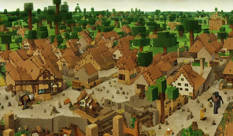 Image similar to a minecraft village, by pieter bruegel the elder