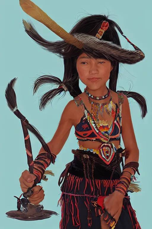 Prompt: a professional cartoony portrait of a indigenous happy kid female warrior, clothed in traditional colombian dance, long dark hair, beautiful bone structure, symmetrical facial features, green eyes, intricate, elegant and graceful, digital painting, concept art, smooth, sharp focus, illustration, finely detailed, from Rayman legends by Ruan Jia and Mandy Jurgens and Artgerm and William-Adolphe Bouguerea, award winning art, trending on Artstation