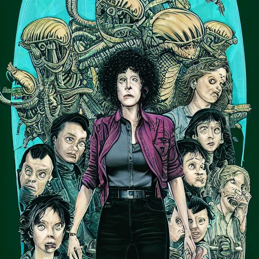 Image similar to portrait of crazy ellen ripley with aliens around, symmetrical, by yoichi hatakenaka, masamune shirow, josan gonzales and dan mumford, ayami kojima, takato yamamoto, barclay shaw, karol bak, yukito kishiro