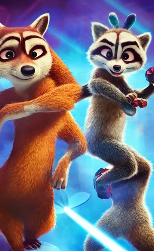 Image similar to “red racoon holding laser gun standing face to face off with blue racoon holding laser gun, boxing style face off, cinematic, dramatic in the style of zootopia”