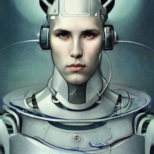 Image similar to portrait of a 5 0 year old husky male android, coy, circuitry visible in head, in the style of ex machina, karol bak, alphonse mucha, greg rutkowski, award winning, hr giger, artstation