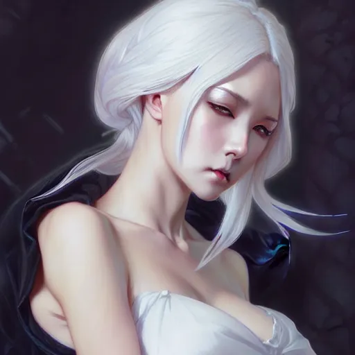 Image similar to anime girl, black dress, white hair, d & d, fantasy, intricate, elegant, highly detailed, digital painting, artstation, concept art, smooth, sharp focus, illustration, art by artgerm, greg rutkowski, alphonse mucha