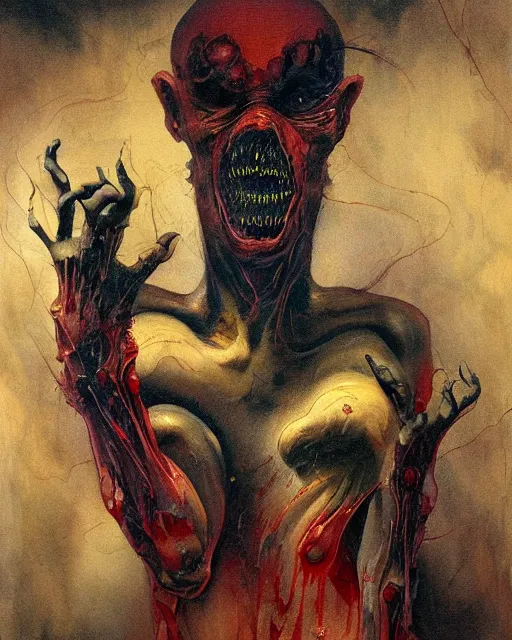 Prompt: Expressionism, oil painting overhead of a dark fleshy figure seated in agony and a fleshy red figure inside an empty dark ballroom in the style of Francis Bacon, Ayami Kojima, Beksinski Masterpiece, James Jean and Peter Mohrbacher art, Greg Hildebrandt, and Mark Brooks, dimly lit interior room, Greg Rutkowski and Francis Bacon, perfect smile