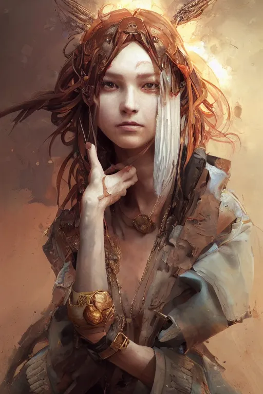 Image similar to A masterpiece portrait of a Incredibly beautiful queer Syberian post apocalyptic shaman girl . medium shot, intricate, elegant, highly detailed. trending on artstation, digital art, by Stanley Artgerm Lau, WLOP, Rossdraws, James Jean, Andrei Riabovitchev, Marc Simonetti, Yoshitaka Amano