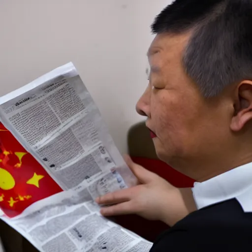 Image similar to Li Xin Jinping sitting on the toilet reading news paper, realistic detailed photography