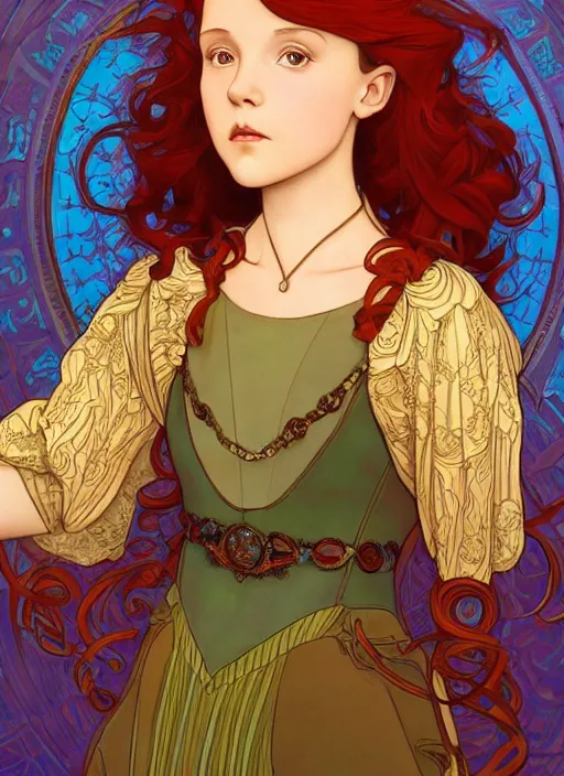 Image similar to well - lit art nouveau portrait of a 1 3 - year old girl who resembles millie bobby brown with red hair as a princess with intricate, ornate jewelry, natural lighting, path traced, highly detailed, high quality, cartoon, digital painting, by don bluth and ross tran and studio ghibli and alphonse mucha