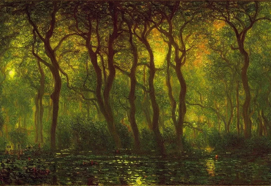 Image similar to Lothlorien at night, as painted by Claude Monet, Albert Bierstadt, Thomas Cole