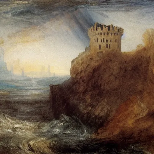 Image similar to a castle on rocks seen from afar, dead trees on both side of the image, dark themed, knife painting in the style of william turner