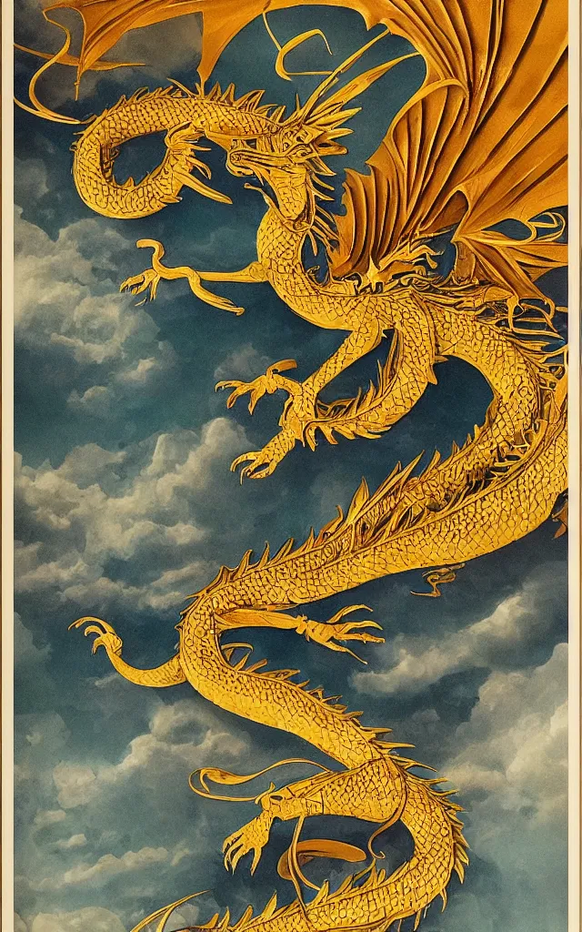 Image similar to a poster in the style of polish school of posters jan lenica for'the curator'- a matte painting depicting a golden dragon
