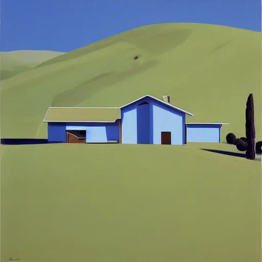 Prompt: dreaming futuristic rural landscape with modern houses, painted by Alex Katz and Edward Hopper, airbrushm, highly detailed