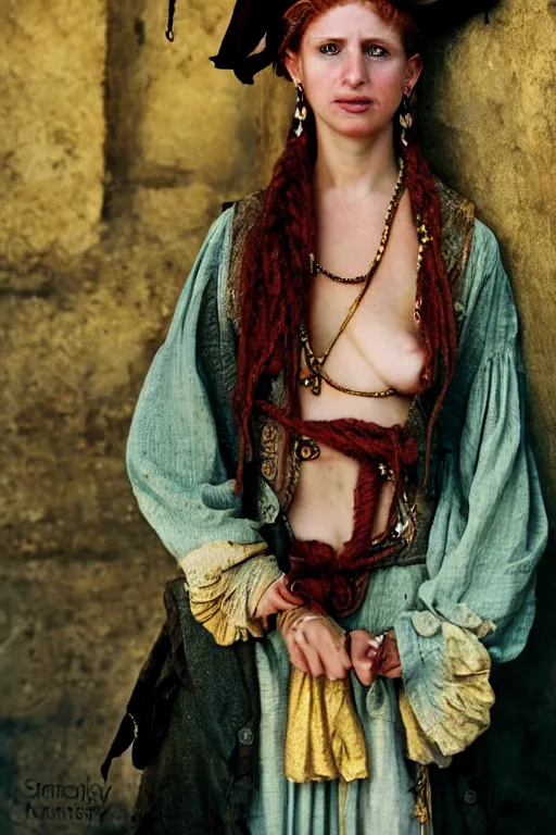 Image similar to 18th Century Barbary Coast pirate beautiful female model with amazing Ginger hair and Golden hooped earrings photography by Steve McCurry