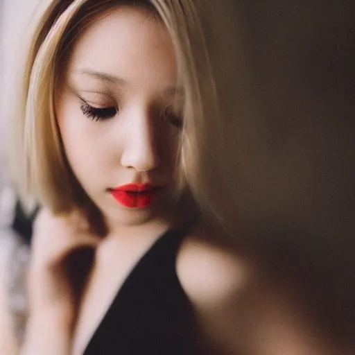 Image similar to “ fashion model short blonde hair looking into lens heavy bokeh photography high quality ”