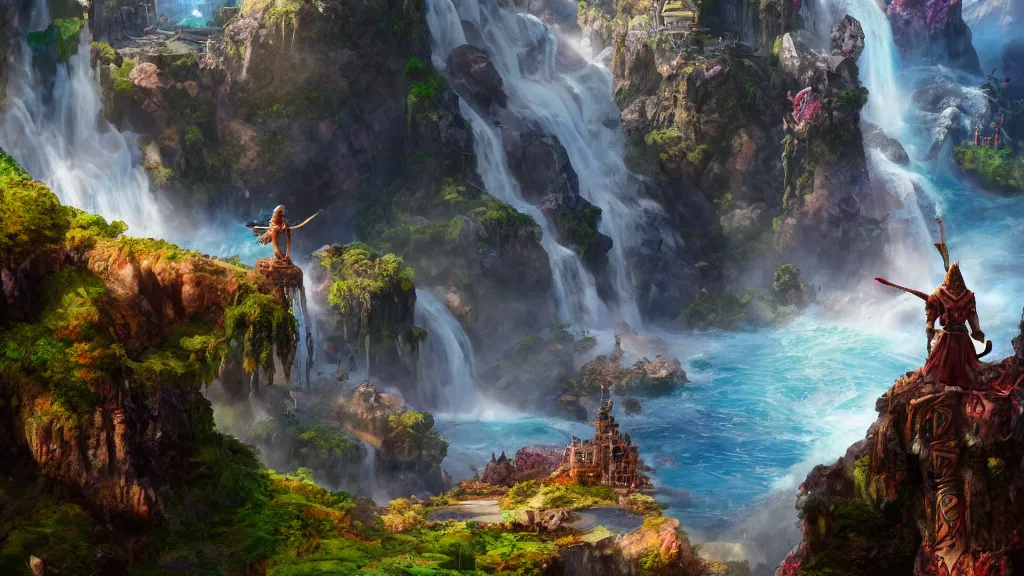 Image similar to A Fantasy Warrior, standing on a cliffside, beside a beautiful colourful waterfall, over looking a large Fantasy city in the middle of the ocean, trending artstation, 8k, highly detailed, matte painting, concept art