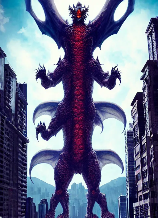 Prompt: artgerm, giant Kaiju dragon monster, god, tiny woman staring up at the Kaiju, expansive, symmetrical, unearthly, 8k, wide-shots, ginormous, horror, looming over city