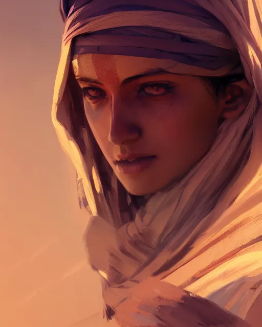 Prompt: beautiful bedouin, detailed portrait, cell shaded, 4 k, vivid colours, concept art by wlop, ilya kuvshinov, artgerm, krenz cushart, greg rutkowski, pixiv. cinematic dramatic atmosphere, sharp focus, volumetric lighting, cinematic lighting, studio quality