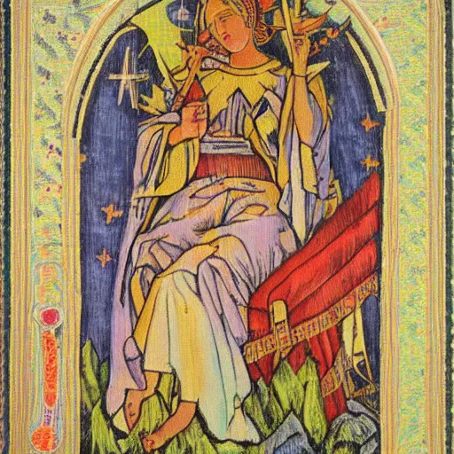 Image similar to mette frederiksen as a holy saviour, tarot, tapestry