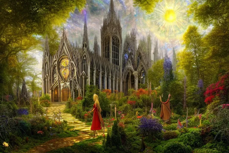 Image similar to a beautiful and highly detailed digital painting of an elven cathedral in a beautiful garden in a mystical forest, psychedelic colors, intricate details, epic scale, insanely complex, hyperdetailed, artstation, cgsociety, 8 k, sharp focus, hyperrealism, by caspar friedrich, albert bierstadt, james gurney, brian froud,