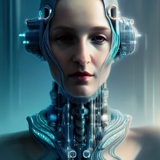 Image similar to full body portrait, cyberpunk robotic elvish queen, extremely detailed, hyperrealistic, intricate, soft light, fantasy, digital painting, art station, by wlop, 4 k