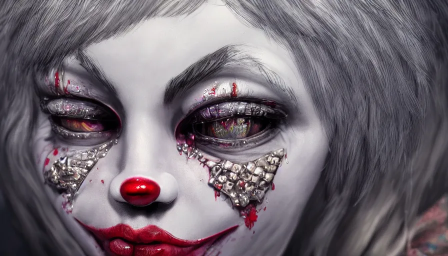 Prompt: hybrid of a [ diamond eyeballs ] and [ sad clown ], rule of thirds, beautiful detailed face, ultra realistic, concept art, intricate details, serious, highly detailed, photorealistic, octane render, 8 k, unreal engine, detailed oil painting, trending on artstation.