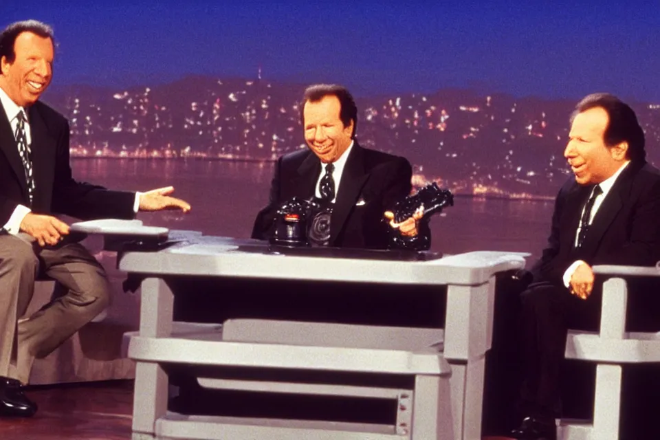 Image similar to still image of darth vader as host of the late night show interviewing gary shandling in 1 9 9 3, vhs tape recording, old footage