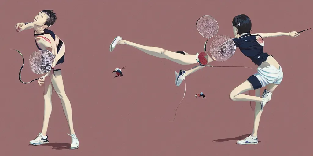 Image similar to illustration of a badminton, realistic body poses, badminton rackets, badminton birdies, by ilya kuvshinov katsuhiro otomo