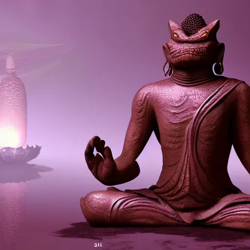 Prompt: argonian!!! buddha, praying meditating, epic fantasy concept art, octane render, artstation trending