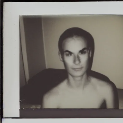 Image similar to Polaroid photography of a pale smiling face floating ominously at the end of a bed