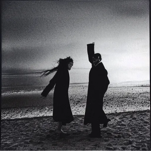 Image similar to 9 0 s polaroid photograph of a man and woman both wearing trenchcoats at night, dancing together on a beach during cloudy weather, vignette