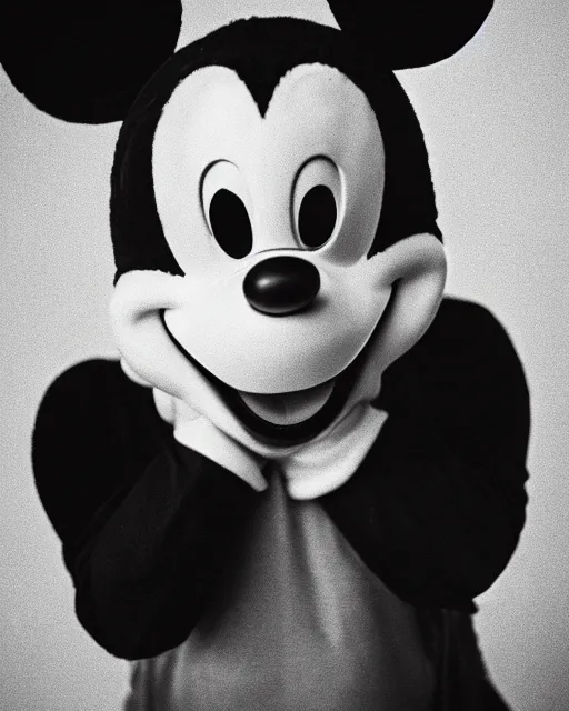 Prompt: A black-and-white studio portrait of mischievous-looking Mickey Mouse in the style of a horror movie; bokeh, 90mm, f/1.4