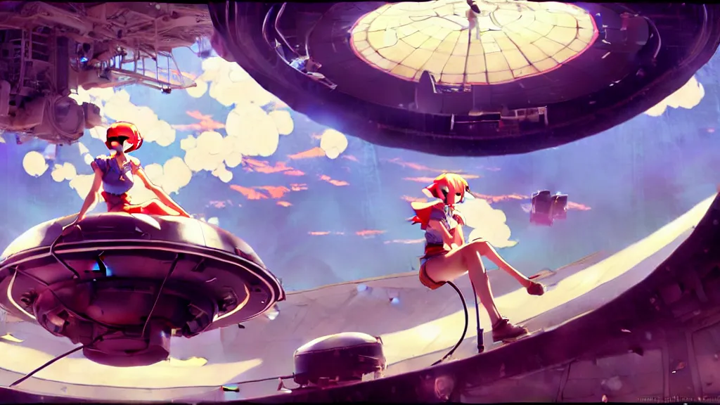 Prompt: a film still of a 1 9 5 0's mechanic anime girl sitting on top of flying ufo landing in hangar of giant ufo spaceship, full body mid shot, perfect art, trending on pixiv fanbox, painted by gaston bussiere, makoto shinkai, akihiko yoshida, gaston bussiere, craig mullins