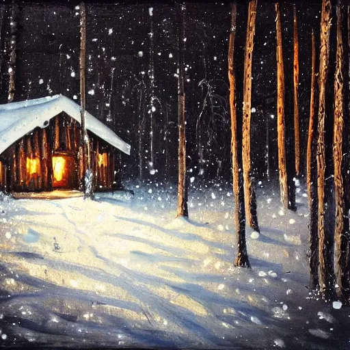 Image similar to snowy forest night scene in a single wooden cabin surrounded by the woods with one illuminated window, horror dark contrast, oil painting