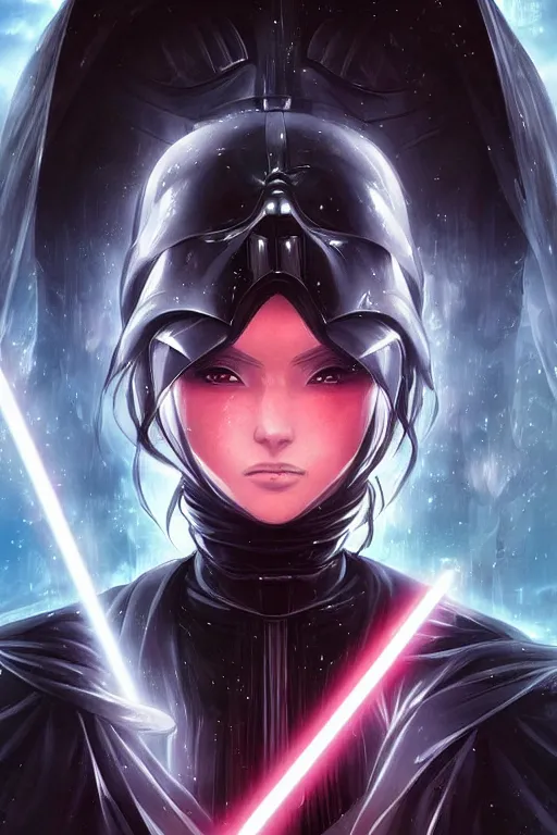 Image similar to anime key visual of a female darth vader goddess!!, intricate, stunning, highly detailed, digital painting, artstation, smooth, hard focus, starwars, sith, dark side, villain, the force, lucas films, illustration, art by artgerm and greg rutkowski and alphonse mucha