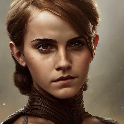 Image similar to portrait of emma watson, muscular upper body, fantasy, intricate, elegant, highly detailed, digital painting, artstation, concept art, matte, sharp focus, illustration, art by aenaluck and roberto ferri and greg rutkowski, epic fantasy, digital painting