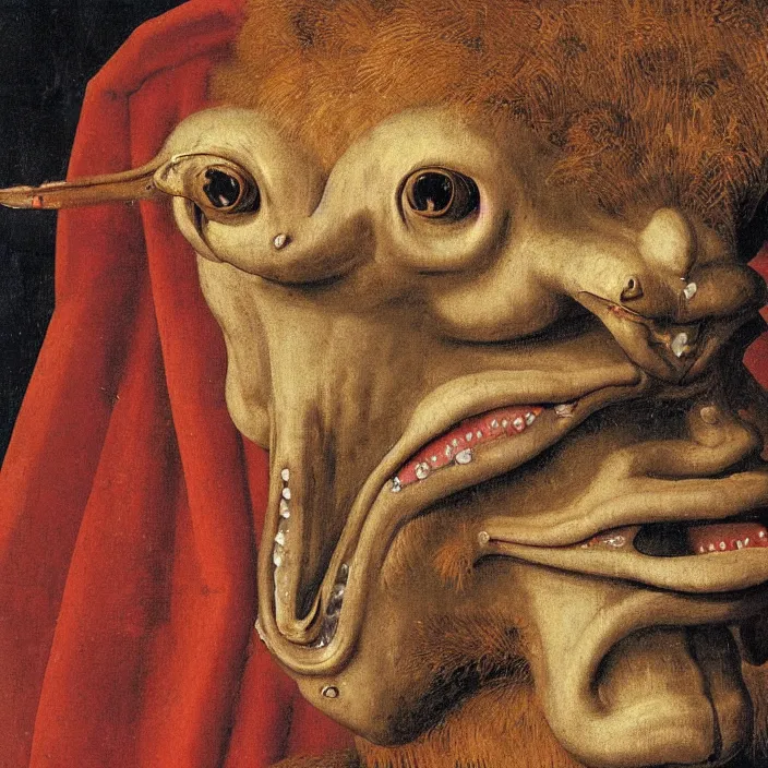 Prompt: close up portrait of an overdressed mutant monster creature with snout, horns, insect wings, unibrow, piercing eyes, toxic smile. jan van eyck