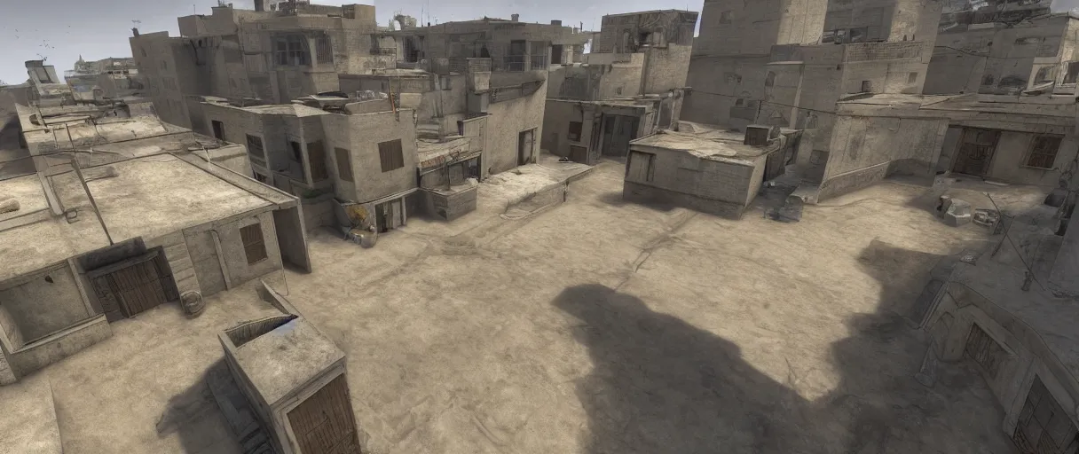 Image similar to a wide shot of dust 2 from Counter Strike: Global Offensive, beautiful, stunning, serene, volumetric light, volumetric clouds, photography, color, intricate, extremely detailed, photorealistic, unreal engine 5