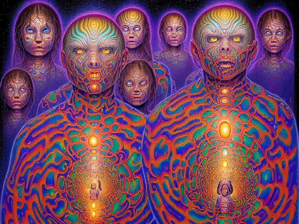 Prompt: realistic detailed image of a friendly figures of a family trapped in a psychedelic eternal cage of life, dancing in the 5th dimensional toroidal field outer hyperspace, shipibo , by Alex Grey, by Ayami Kojima, Amano, Karol Bak, Greg Hildebrandt, and Mark Brooks. rich deep colors. Beksinski painting, part by Adrian Ghenie and Gerhard Richter. art by Takato Yamamoto. masterpiece
