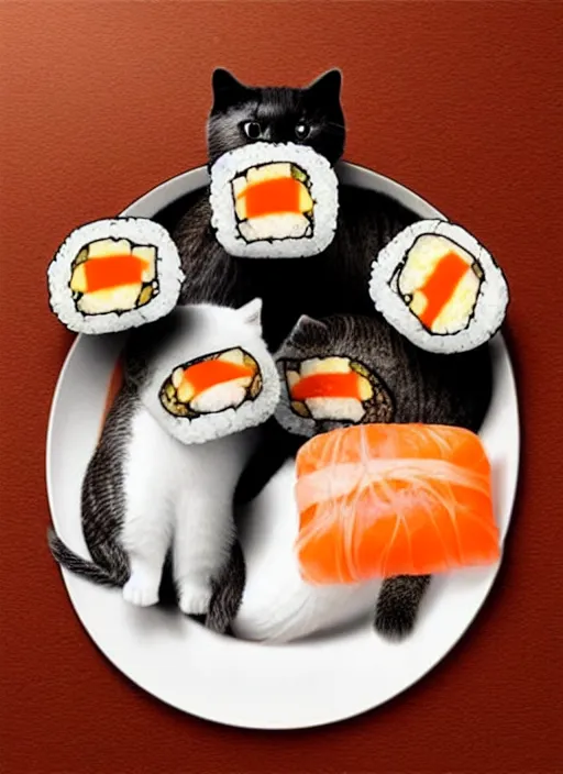 Image similar to clear photorealistic picture of adorable cats made out of sushi