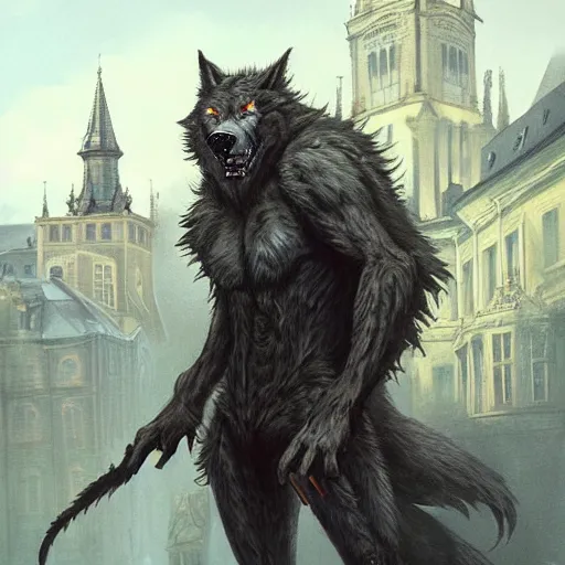 Image similar to werewolf in the city lviv high castle, portrait, highly detailed, full body, digital painting, trending on artstation, concept art, sharp focus, illustration, art by artgerm and greg rutkowski and magali villeneuve