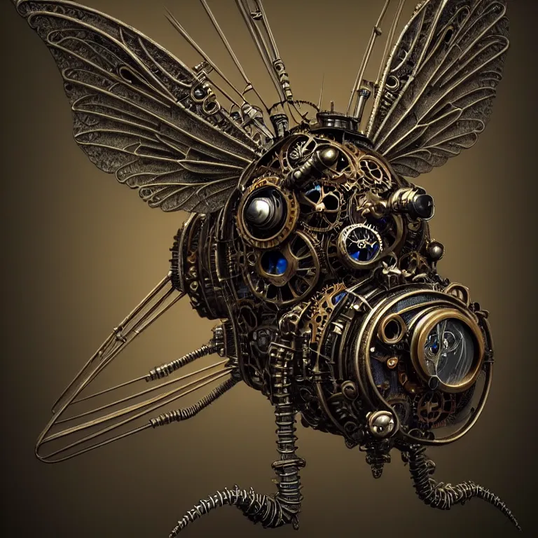 Prompt: steampunk cybernetic biomechanical fly with wings, 3 d model, very coherent symmetrical artwork, unreal engine realistic render, 8 k, micro detail, intricate, elegant, highly detailed, centered, digital painting, artstation, smooth, sharp focus, illustration, artgerm, tomasz alen kopera, wlop