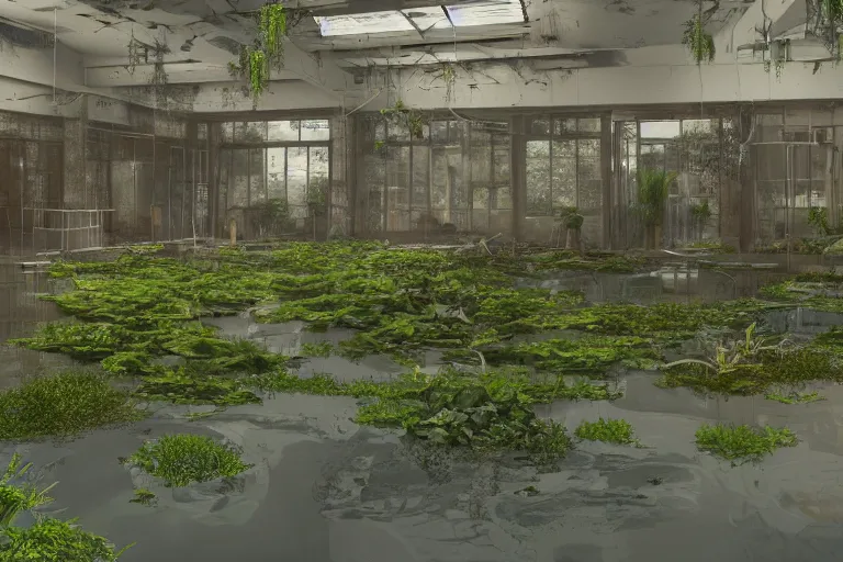 Prompt: A huge interior of a ruined office, flooded with water, lush and aquatic plants covering the place, digital art, trending on Artstation