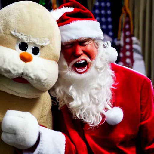 Image similar to photo of Donald Trump wearing a Santa Claus outfit getting in a fist fight with the Easter Bunny, 4k